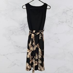 SHEIN Black and Cream Floral Skirt Tank Dress With Tie